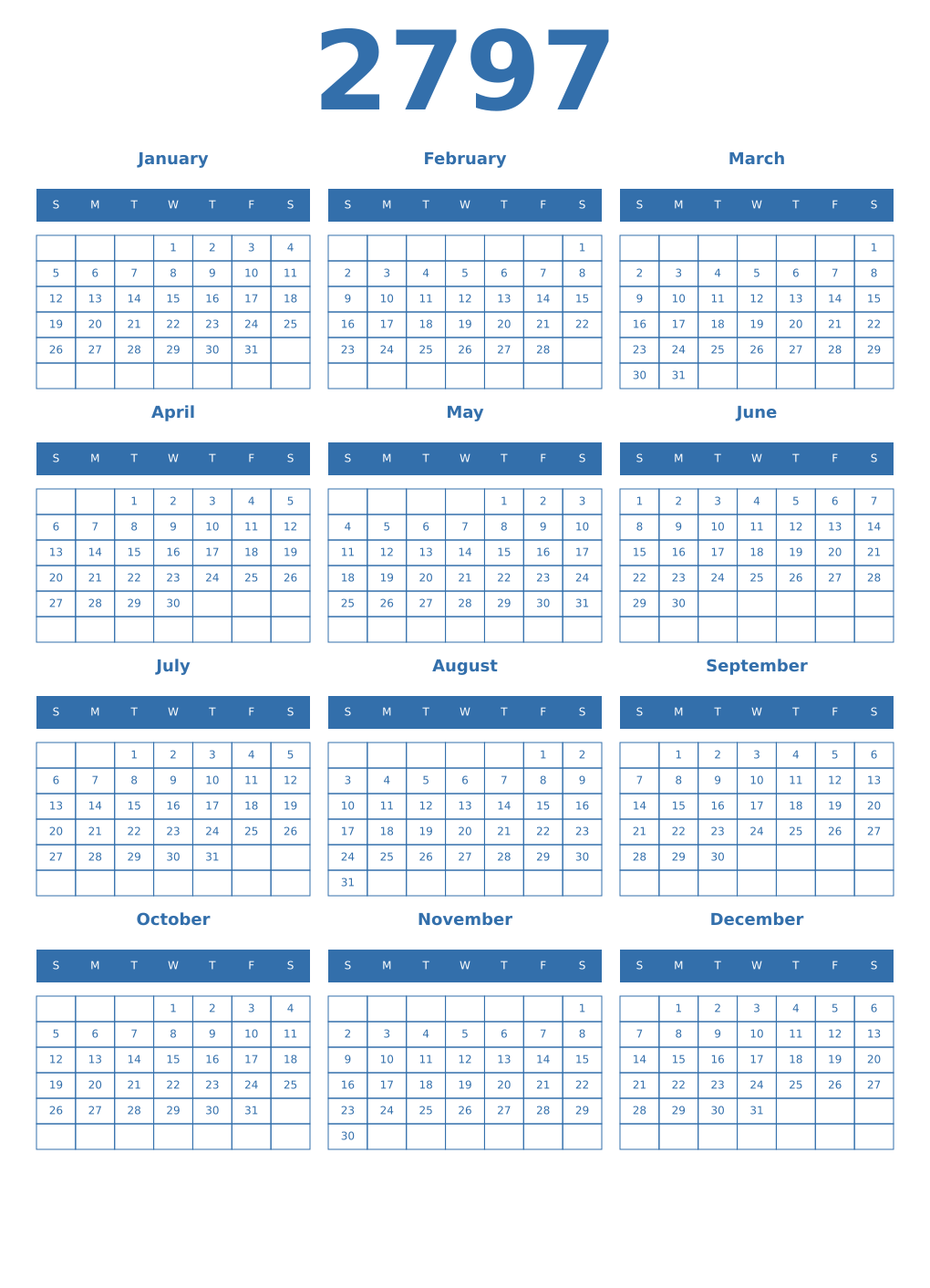 Printable 2797 Year Calendars blue
