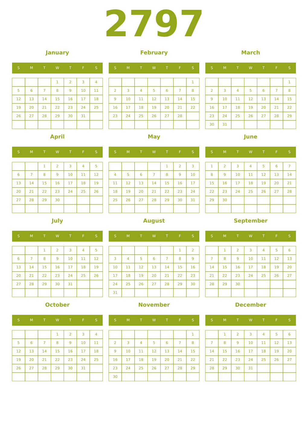 Printable 2797 Year Calendars chartreuse