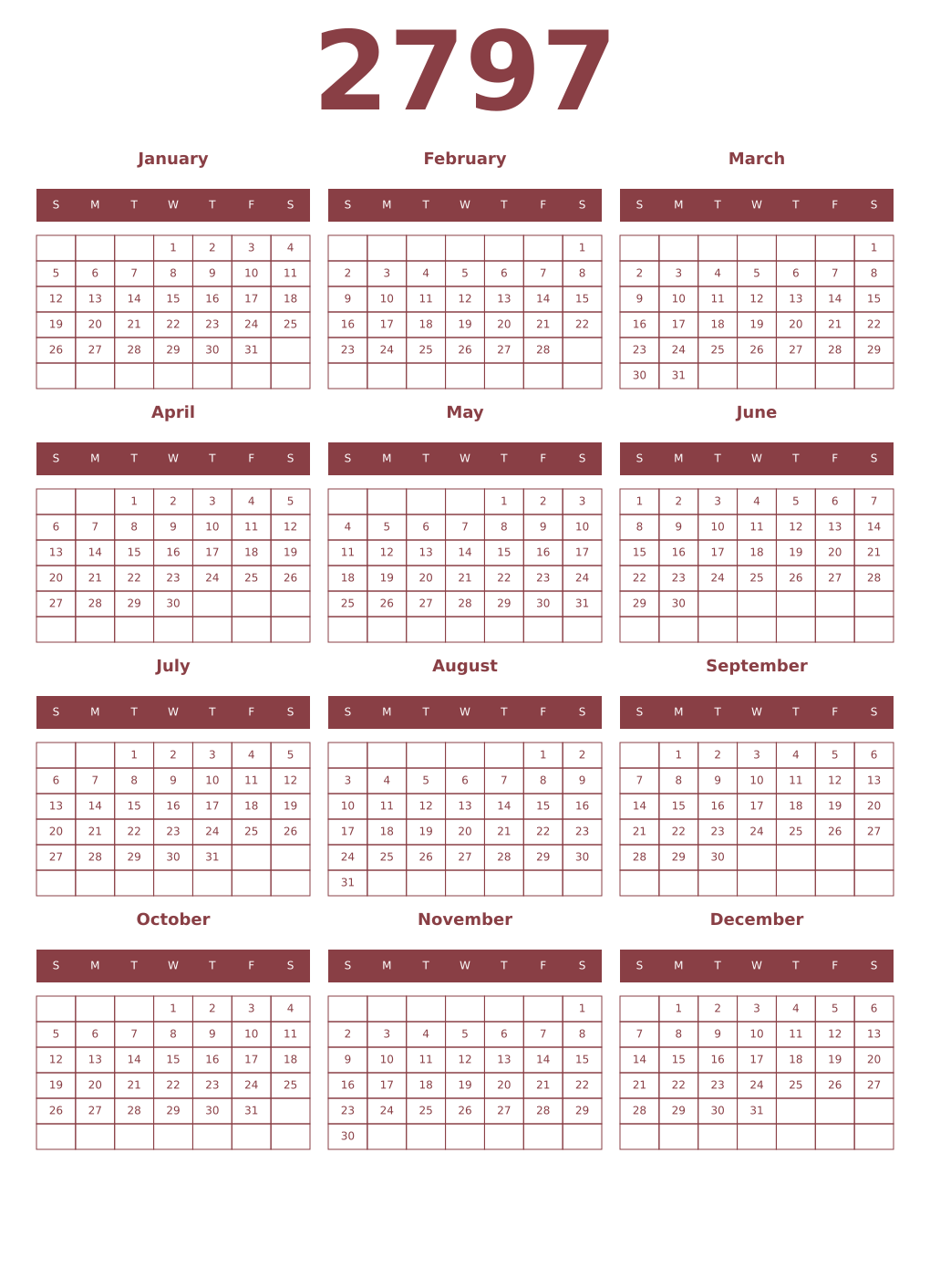 Printable 2797 Year Calendars cordovan