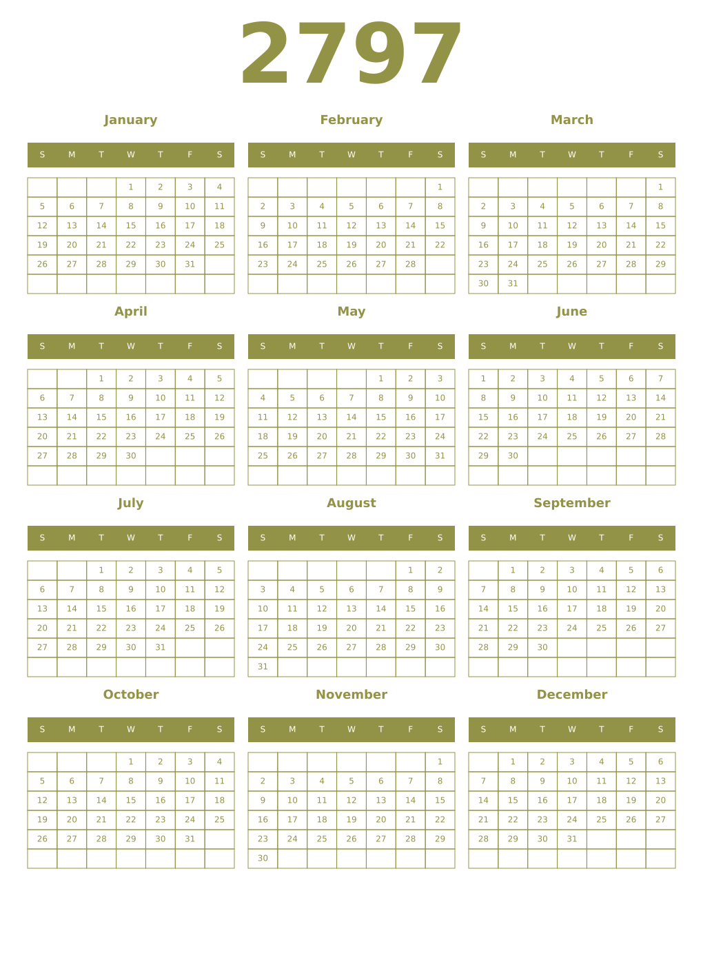 Printable 2797 Year Calendars eburnean