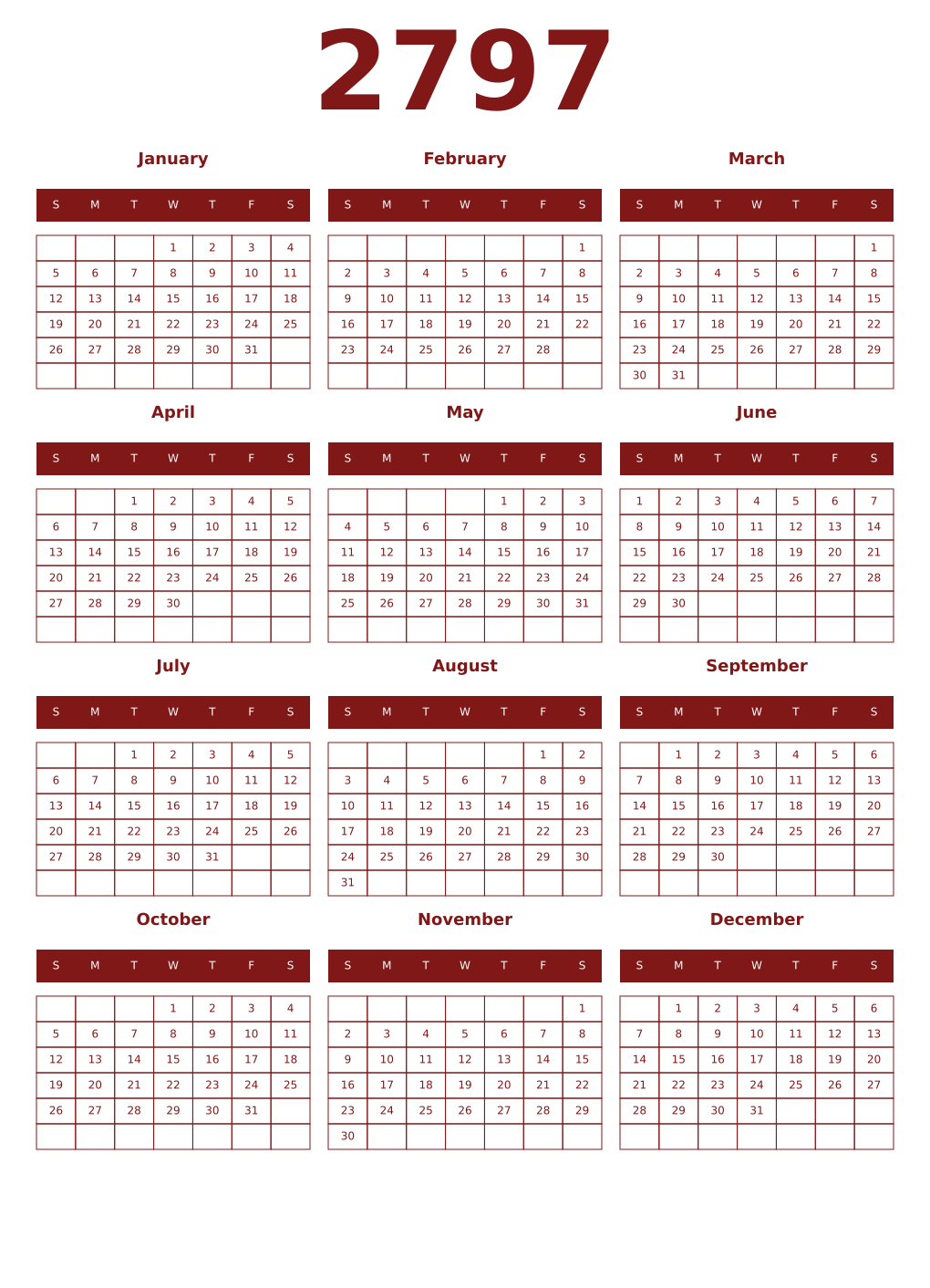 Printable 2797 Year Calendars falu