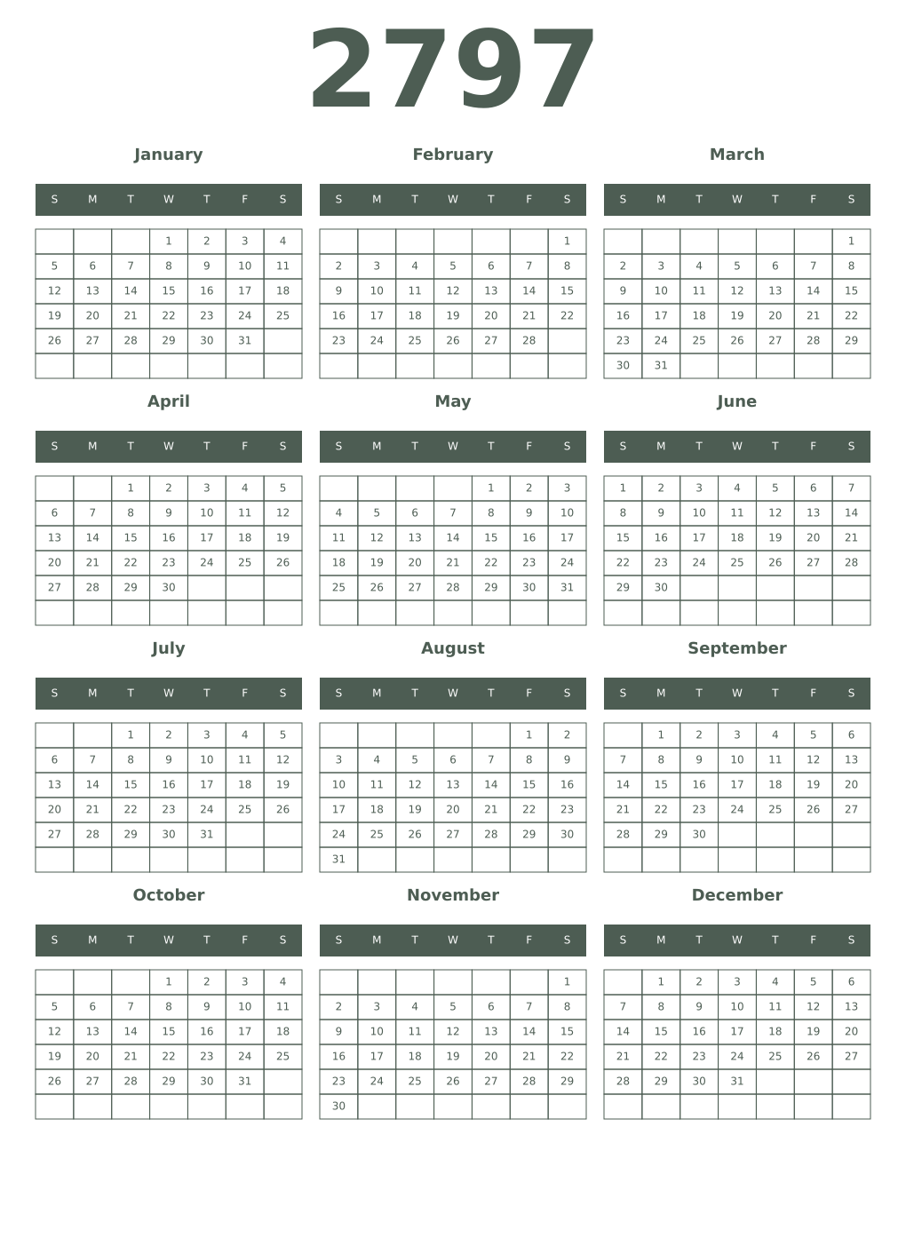 Printable 2797 Year Calendars feldgrau