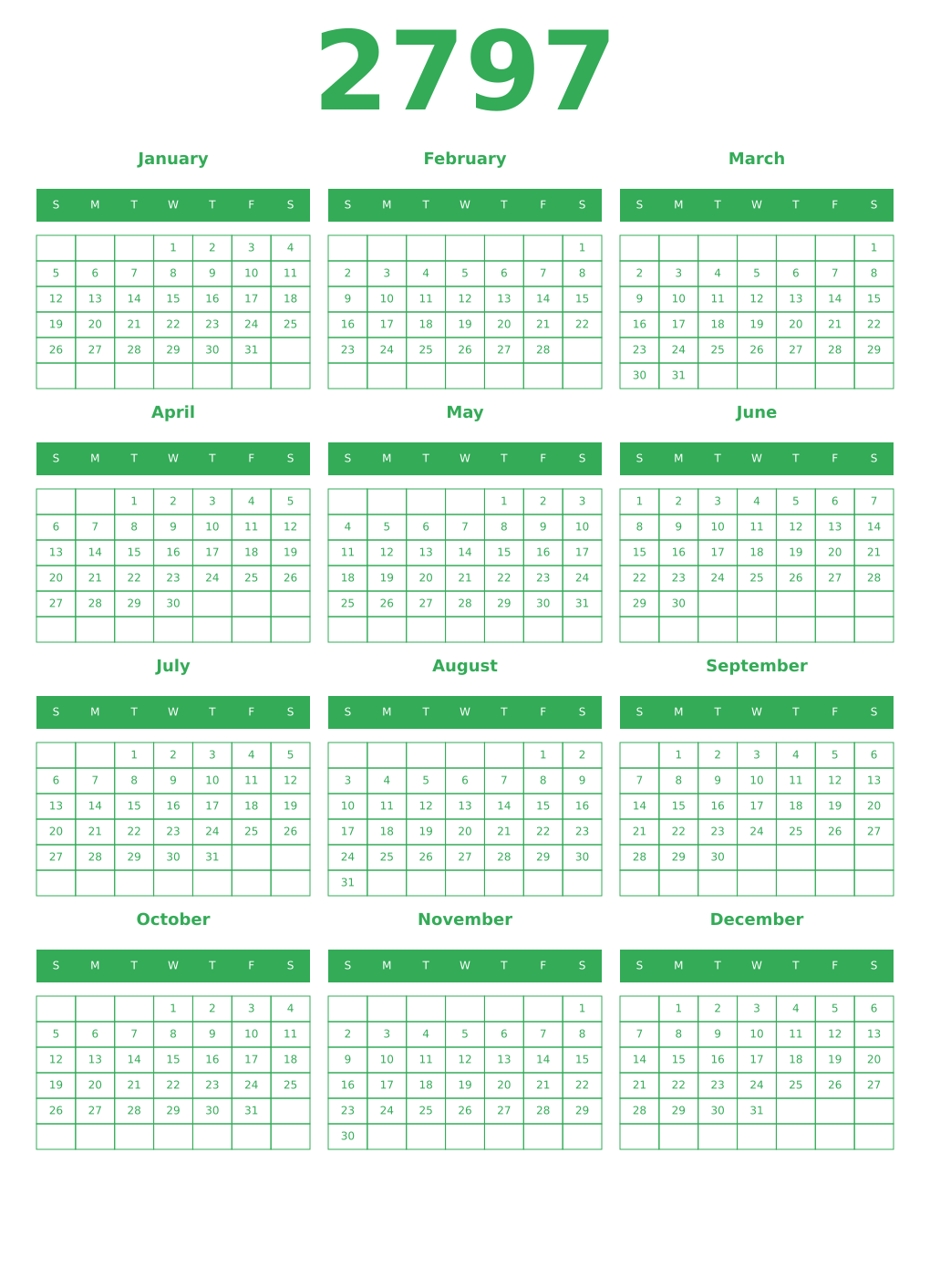 Printable 2797 Year Calendars green