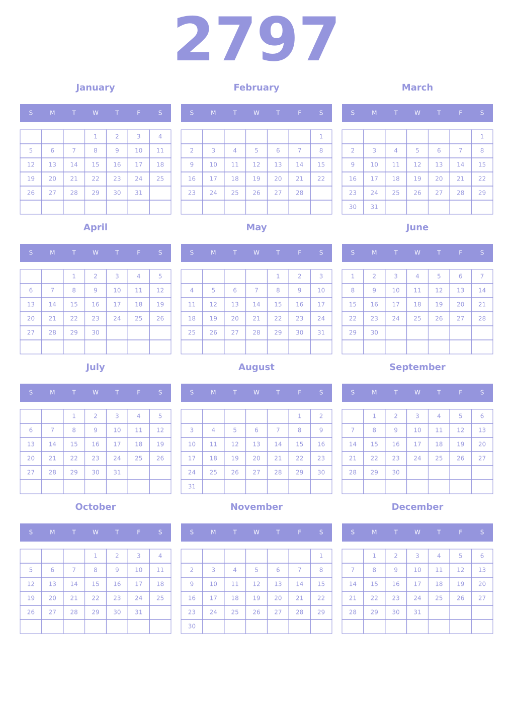 Printable 2797 Year Calendars periwinkle