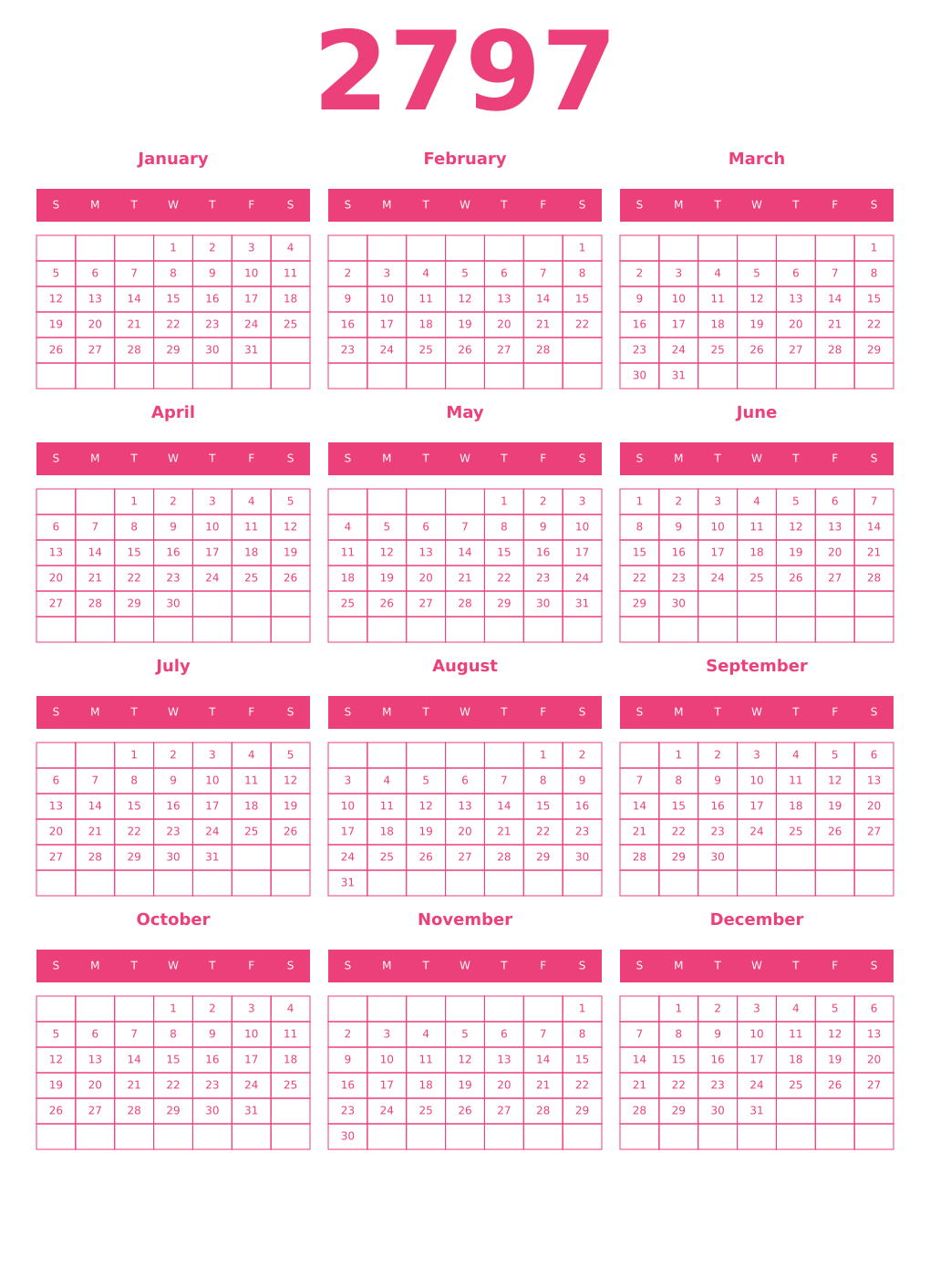 Printable 2797 Year Calendars pink