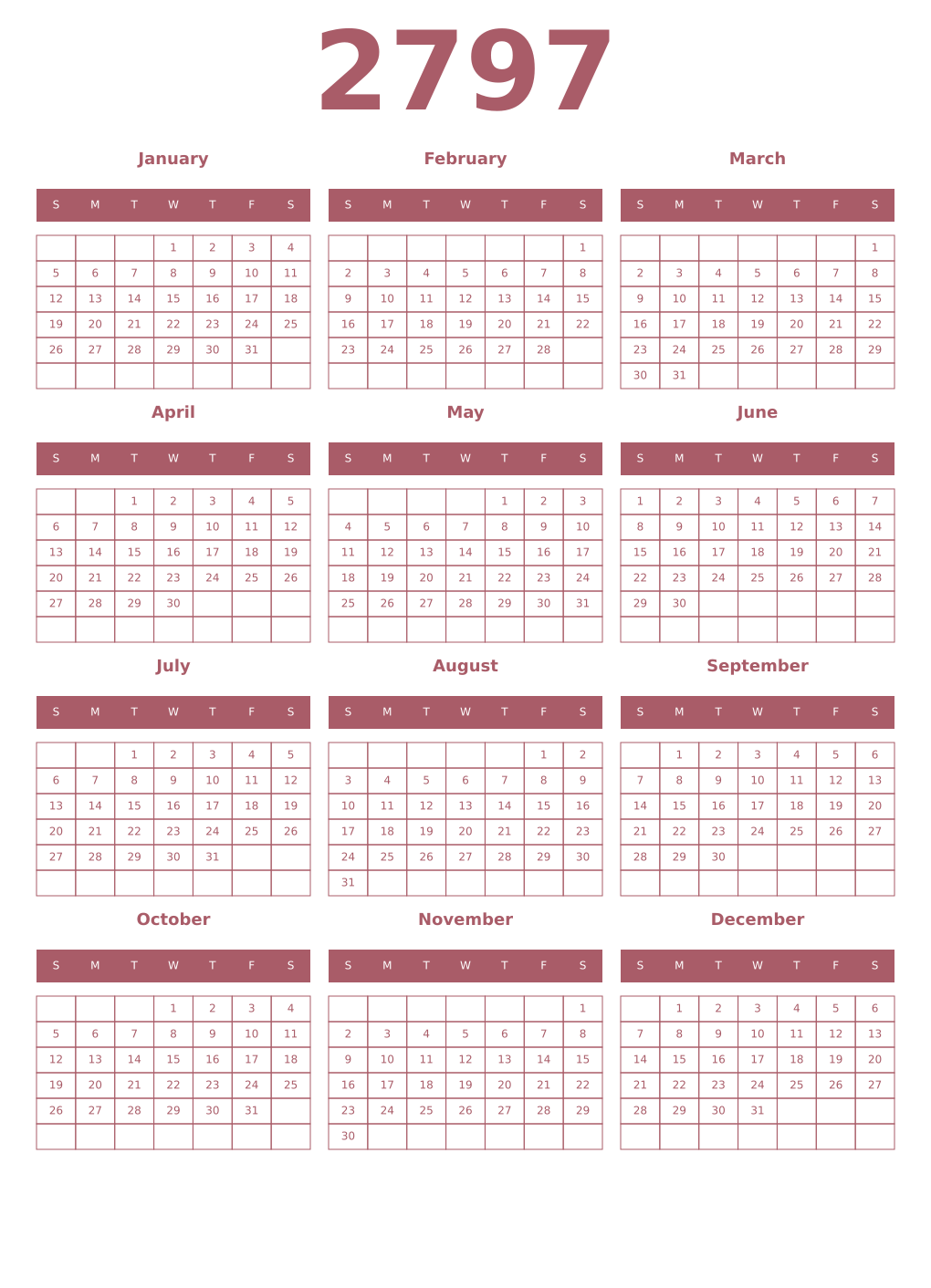 Printable 2797 Year Calendars puce