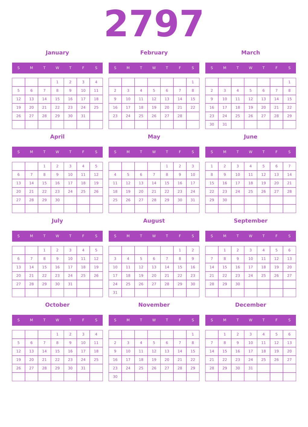 Printable 2797 Year Calendars purple