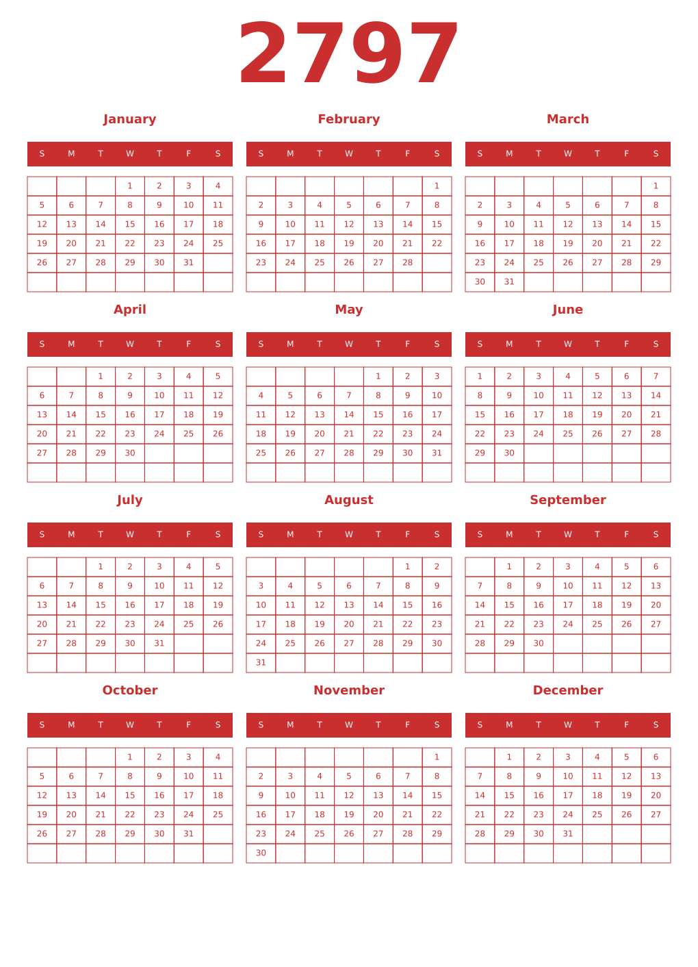 Printable 2797 Year Calendars red