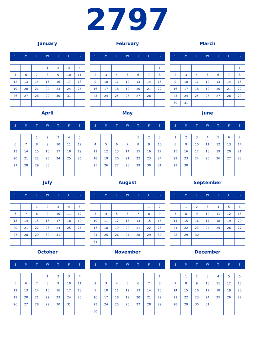 Printable 2797 Year Calendars smalt