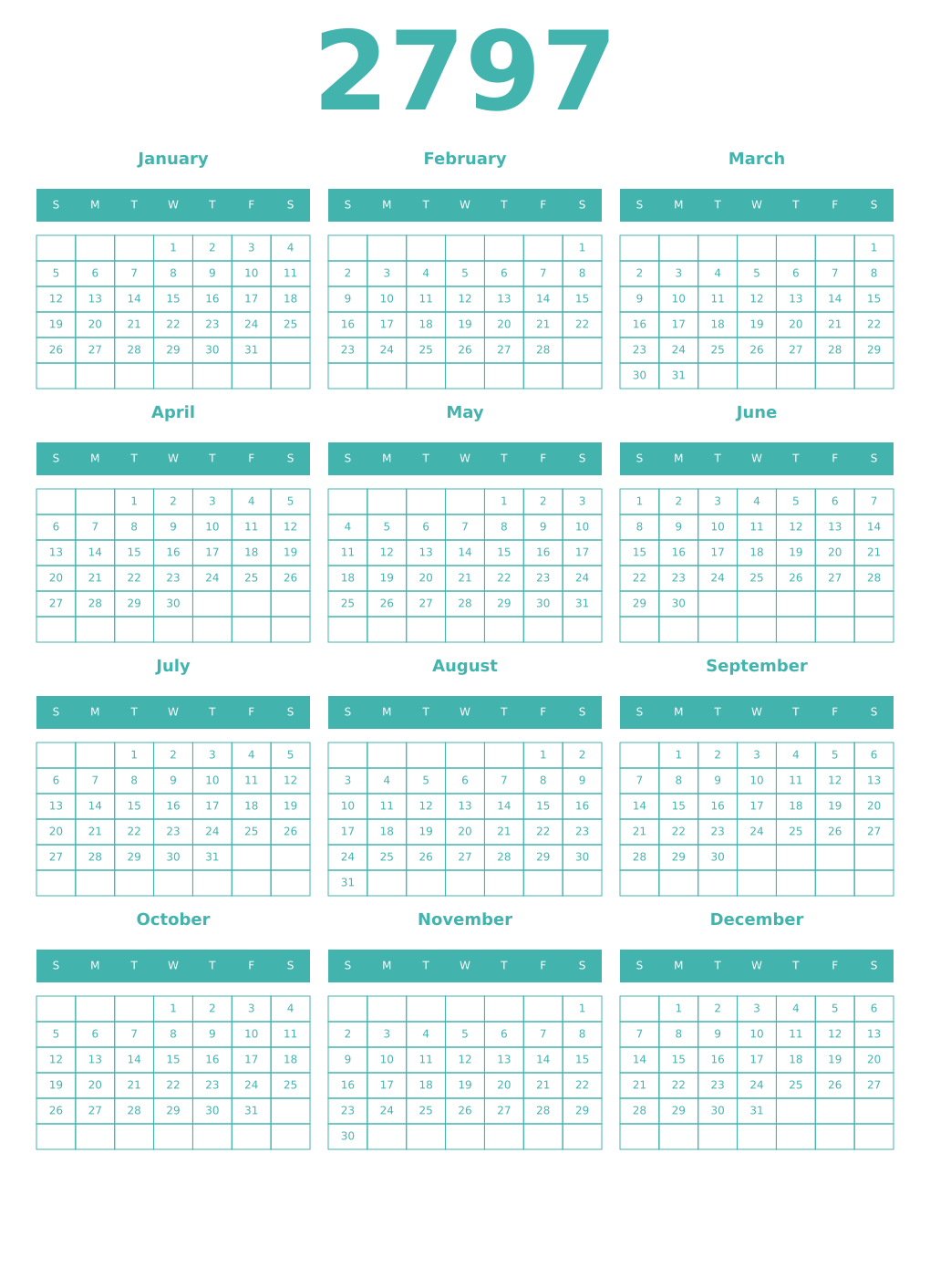 Printable 2797 Year Calendars verdigris