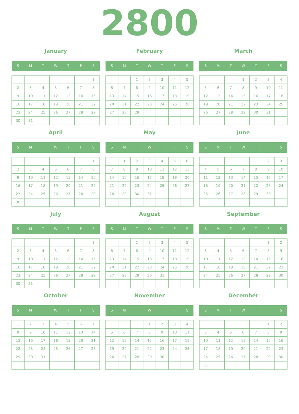 Printable 2800 Year Calendars celadon