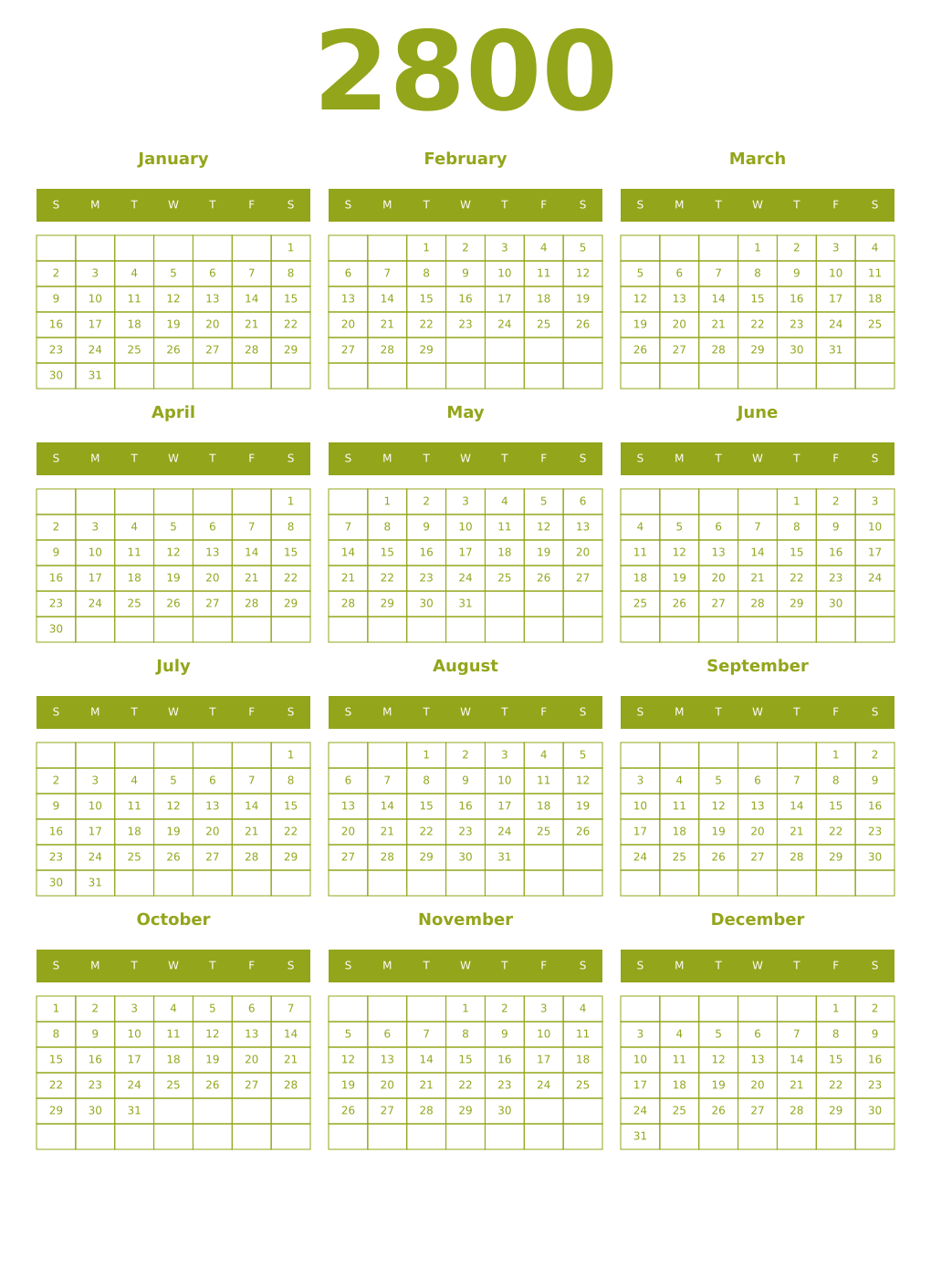 Printable 2800 Year Calendars chartreuse