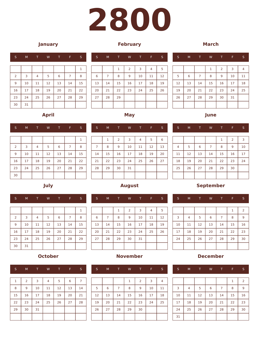 Printable 2800 Year Calendars mortuum
