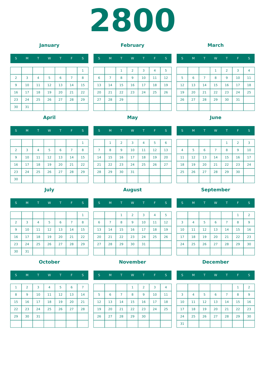 Printable 2800 Year Calendars pastel