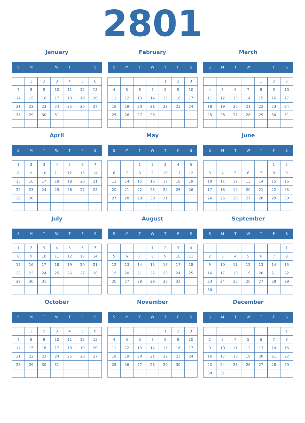 Printable 2801 Year Calendars blue
