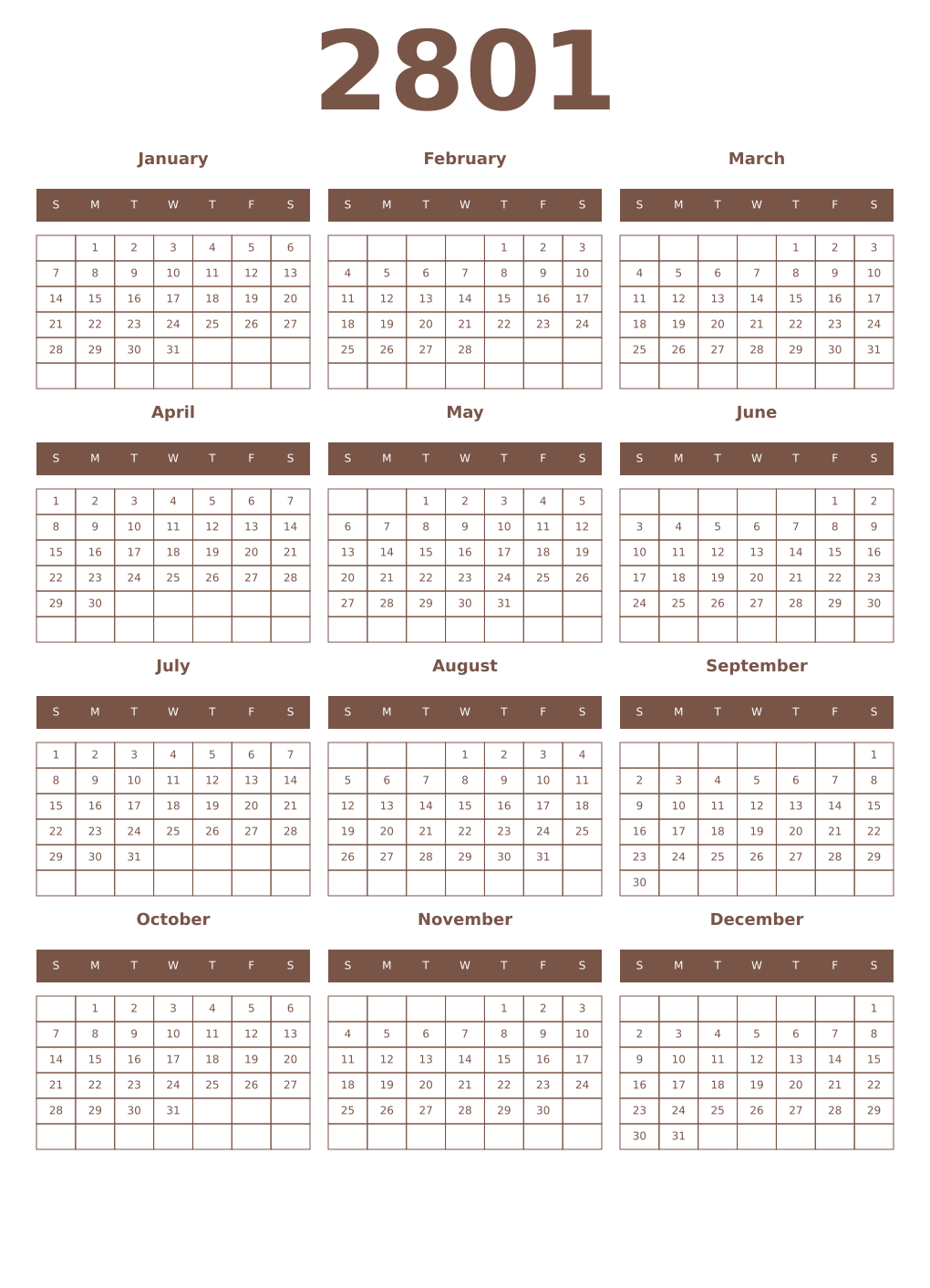 Printable 2801 Year Calendars coffe