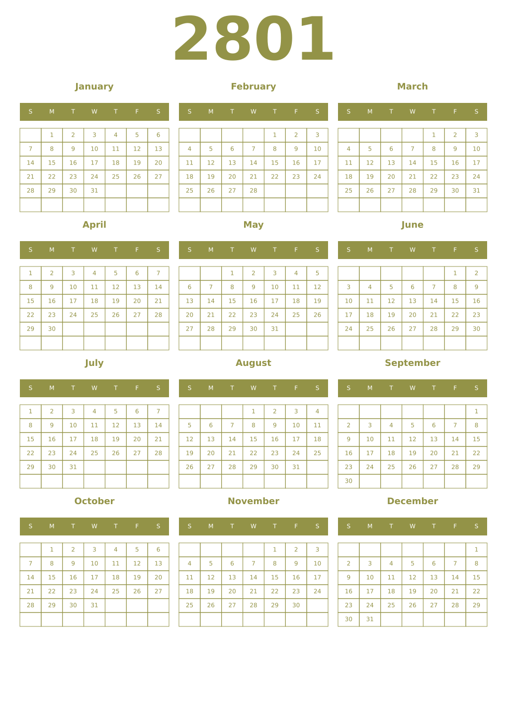 Printable 2801 Year Calendars eburnean