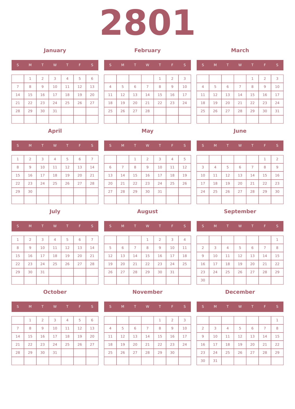 Printable 2801 Year Calendars puce