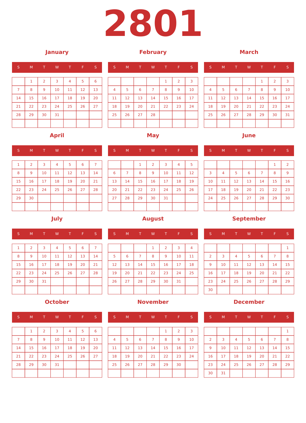 Printable 2801 Year Calendars red