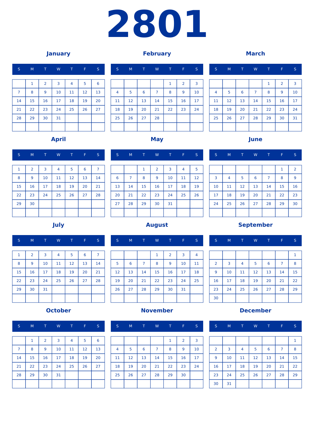 Printable 2801 Year Calendars smalt