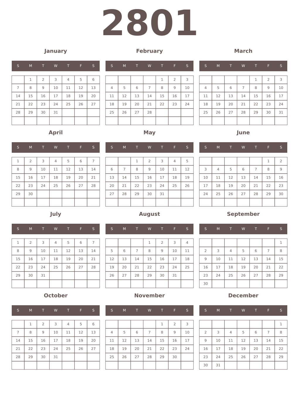 Printable 2801 Year Calendars wenge