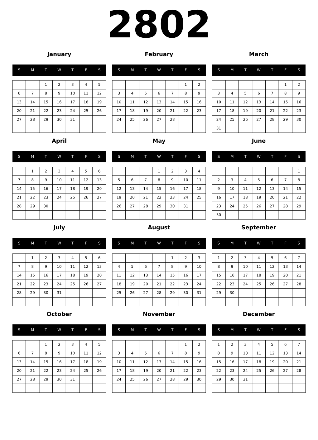 Printable 2802 Calendars