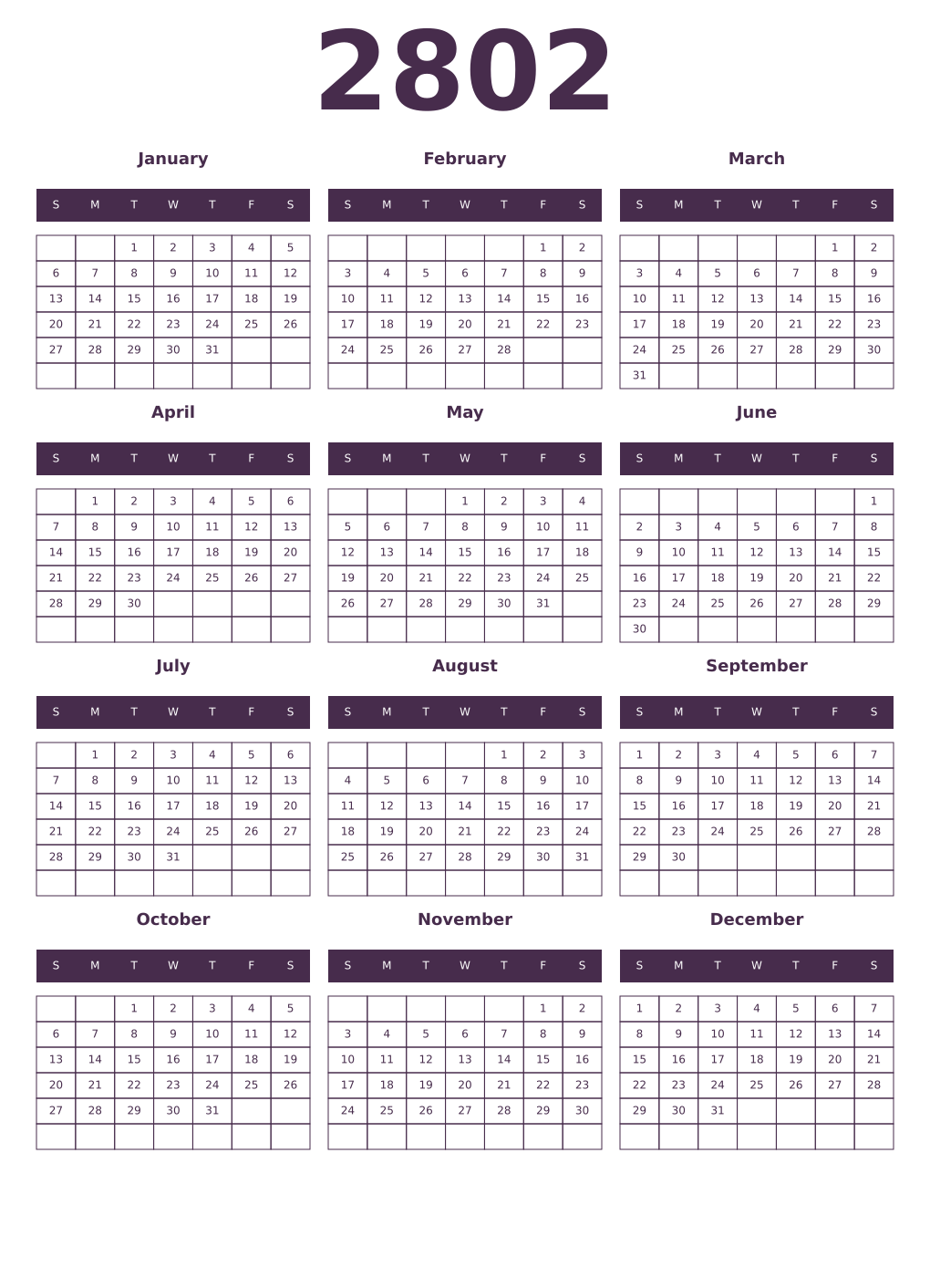 Printable 2802 Year Calendars aubergine