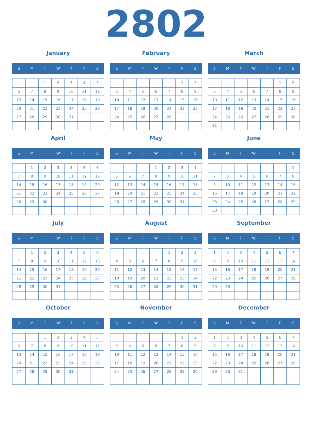 Printable 2802 Year Calendars blue