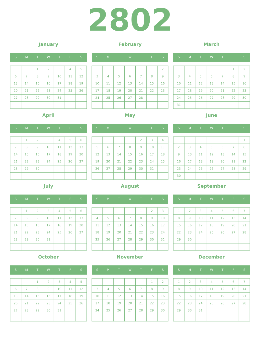 Printable 2802 Year Calendars celadon