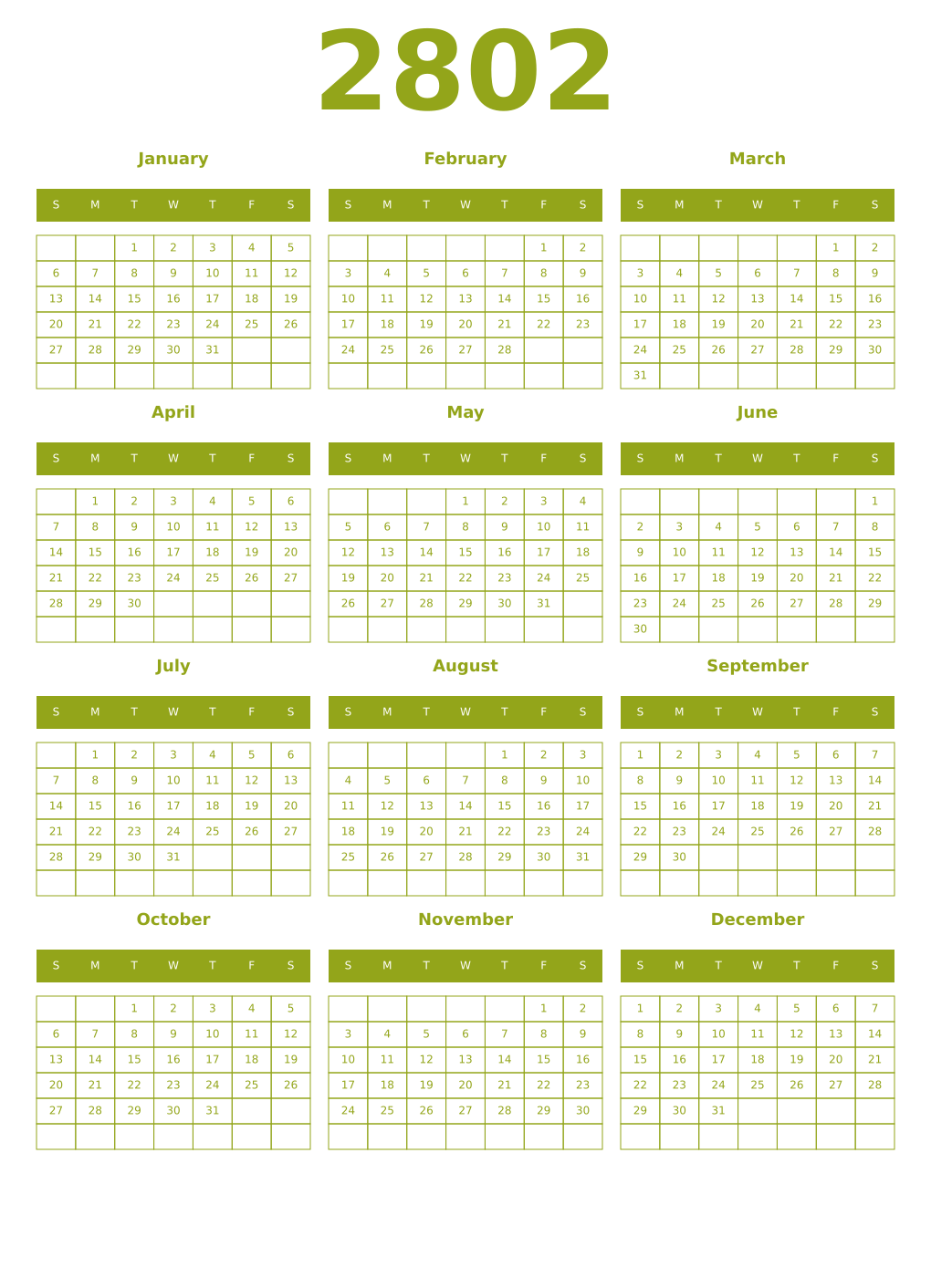Printable 2802 Year Calendars chartreuse