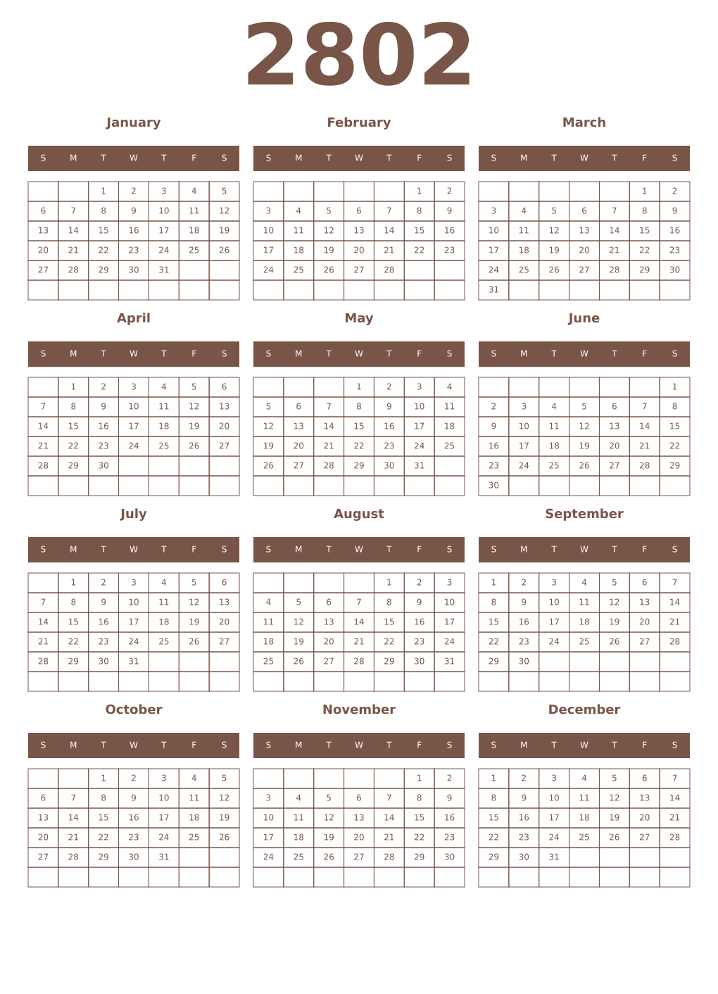 Printable 2802 Year Calendars coffe