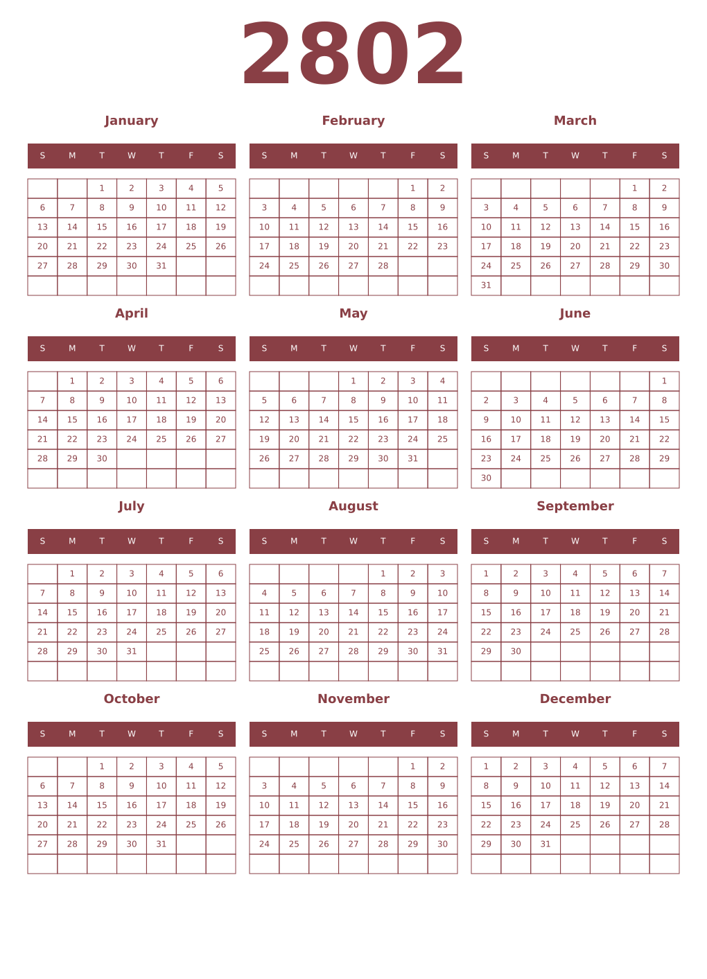 Printable 2802 Year Calendars cordovan