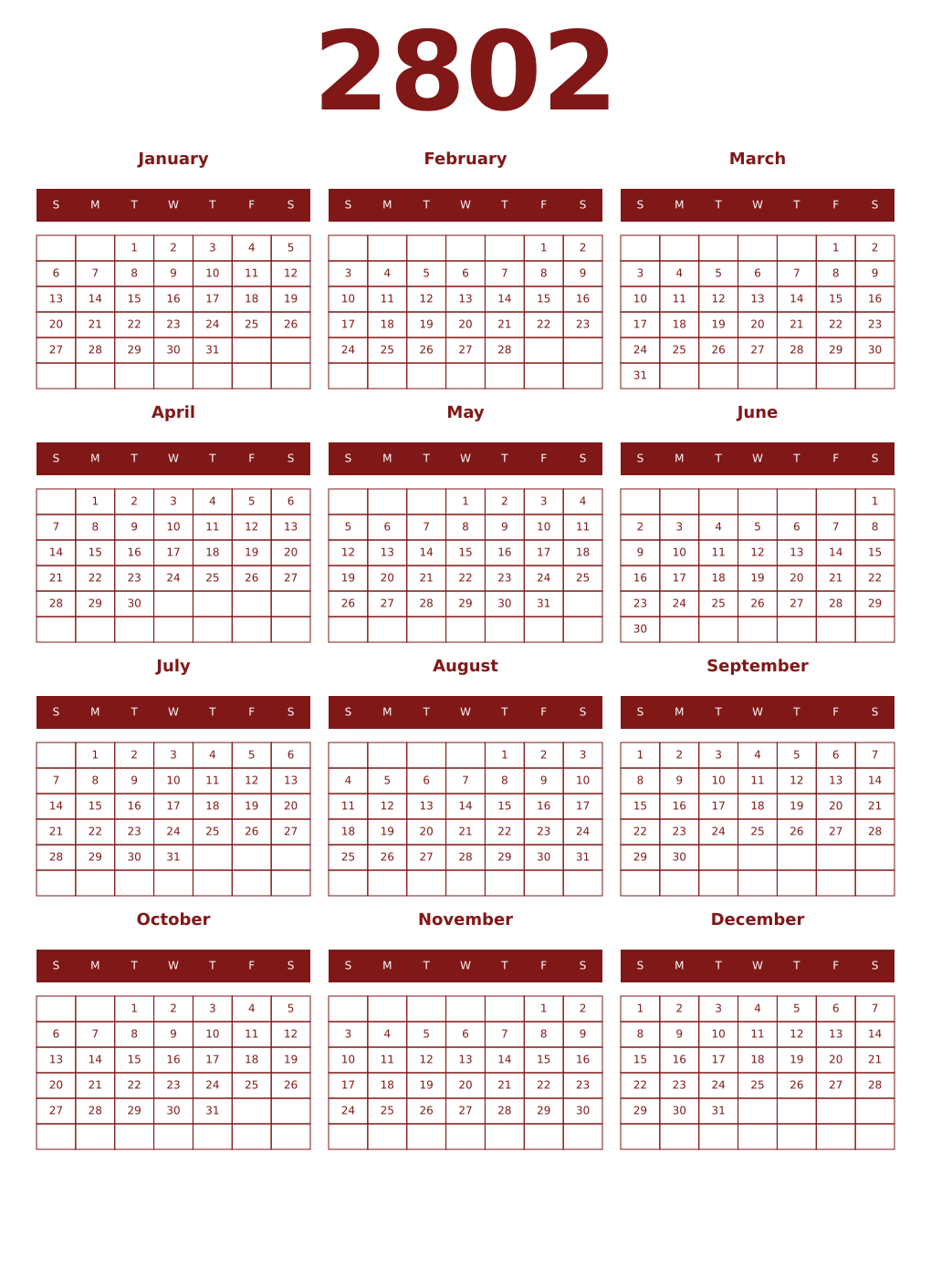 Printable 2802 Year Calendars falu