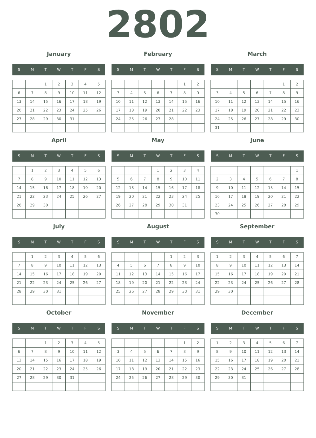 Printable 2802 Year Calendars feldgrau