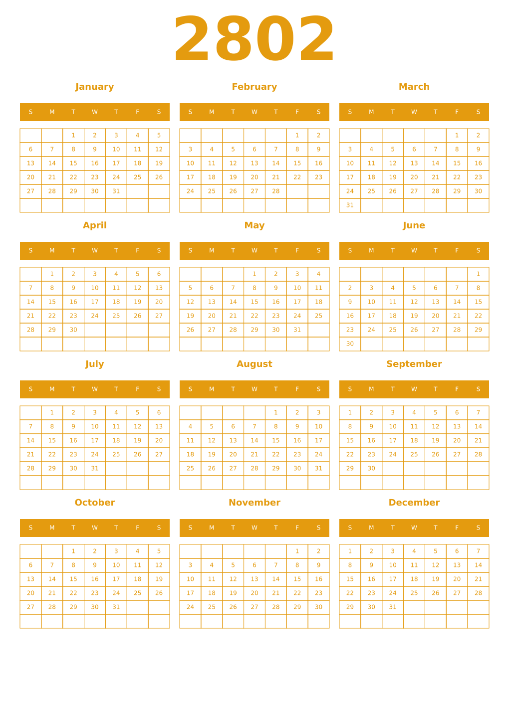 Printable 2802 Year Calendars gamboge