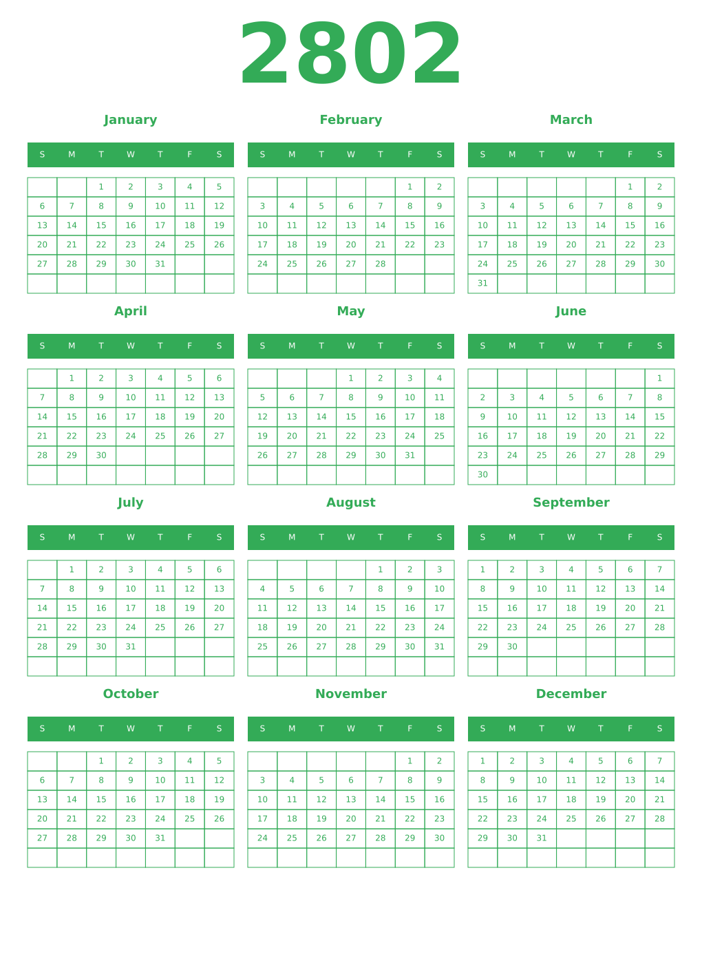 Printable 2802 Year Calendars green