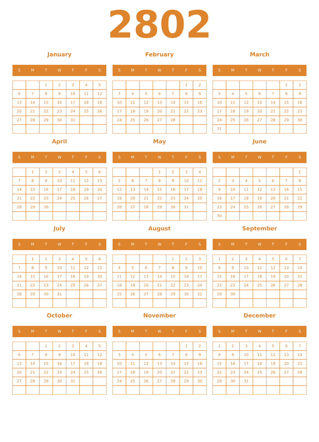 Printable 2802 Year Calendars orange