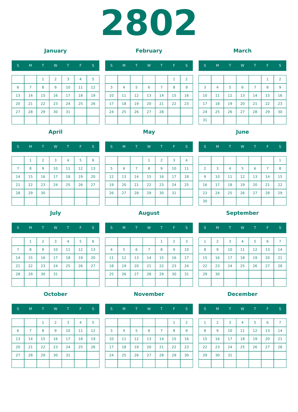 Printable 2802 Year Calendars pastel