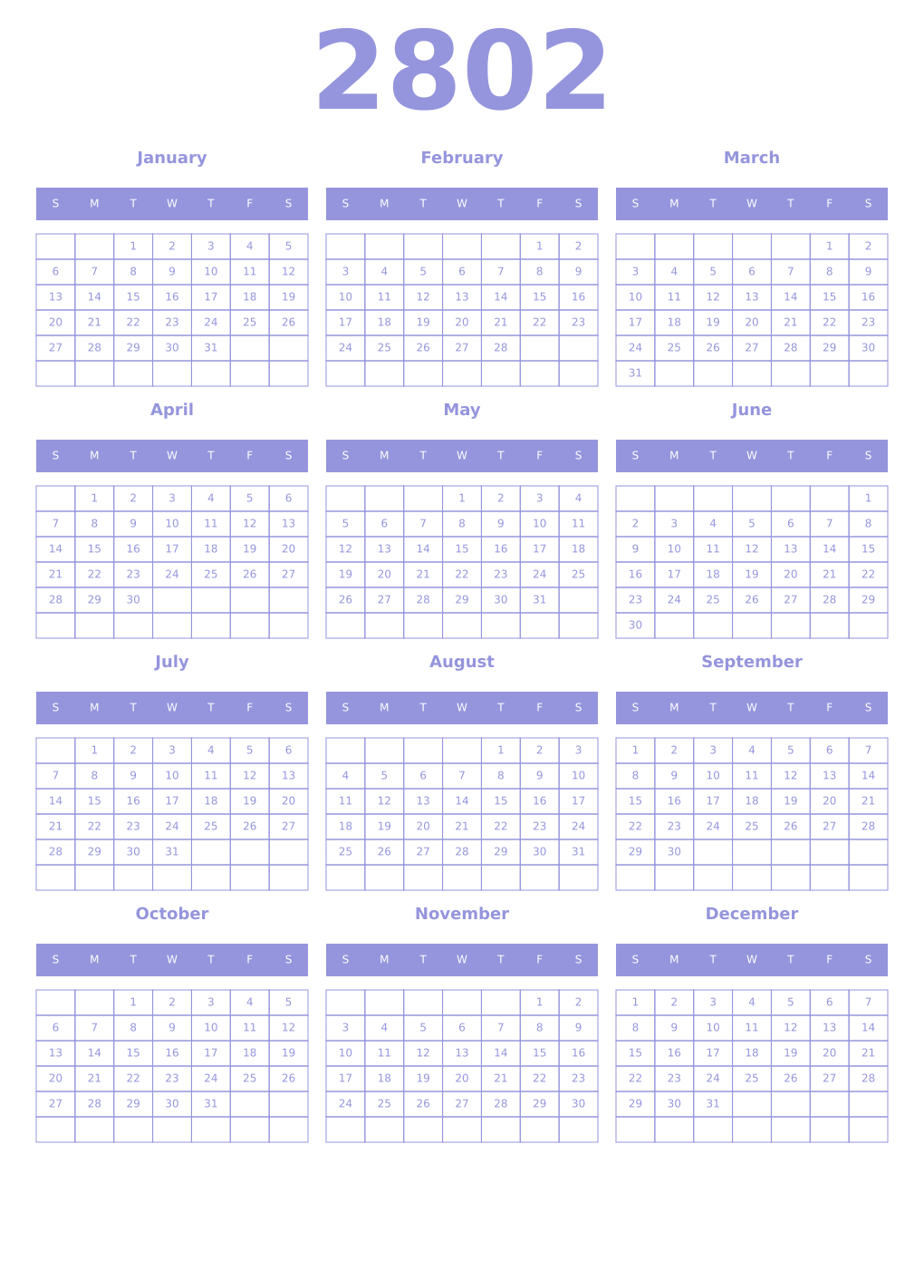 Printable 2802 Year Calendars periwinkle