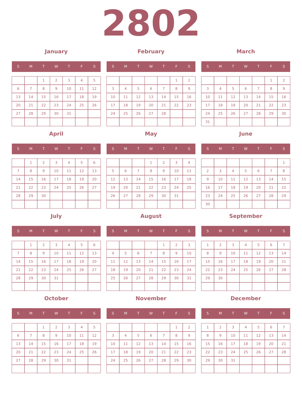 Printable 2802 Year Calendars puce
