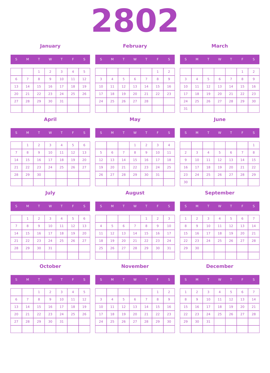 Printable 2802 Year Calendars purple