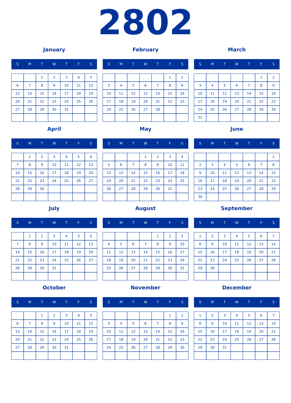Printable 2802 Year Calendars smalt