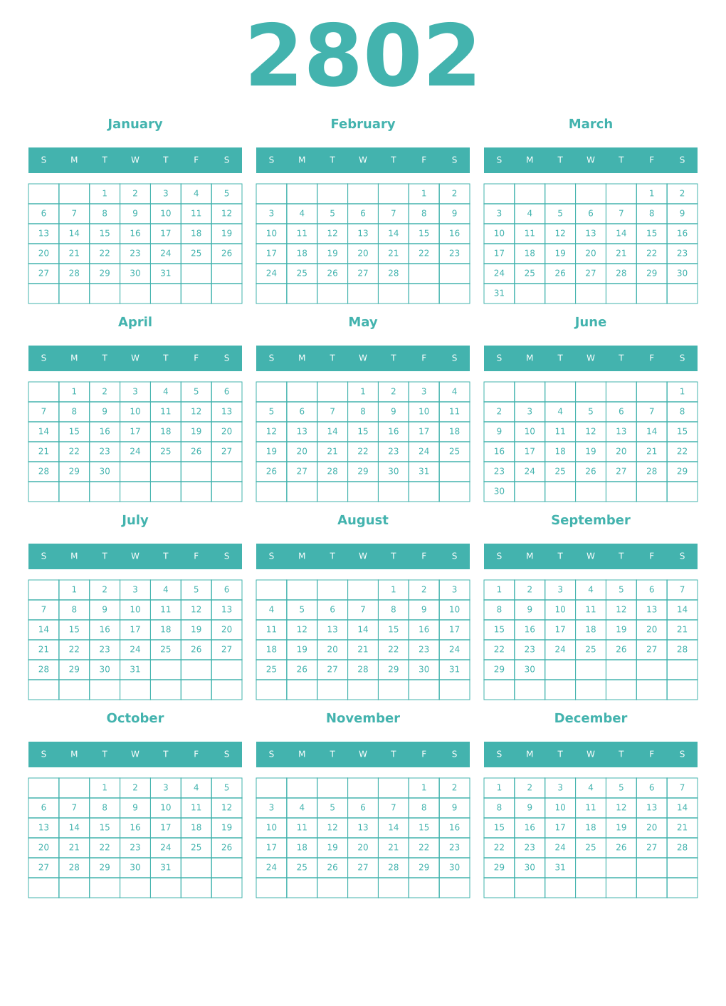 Printable 2802 Year Calendars verdigris