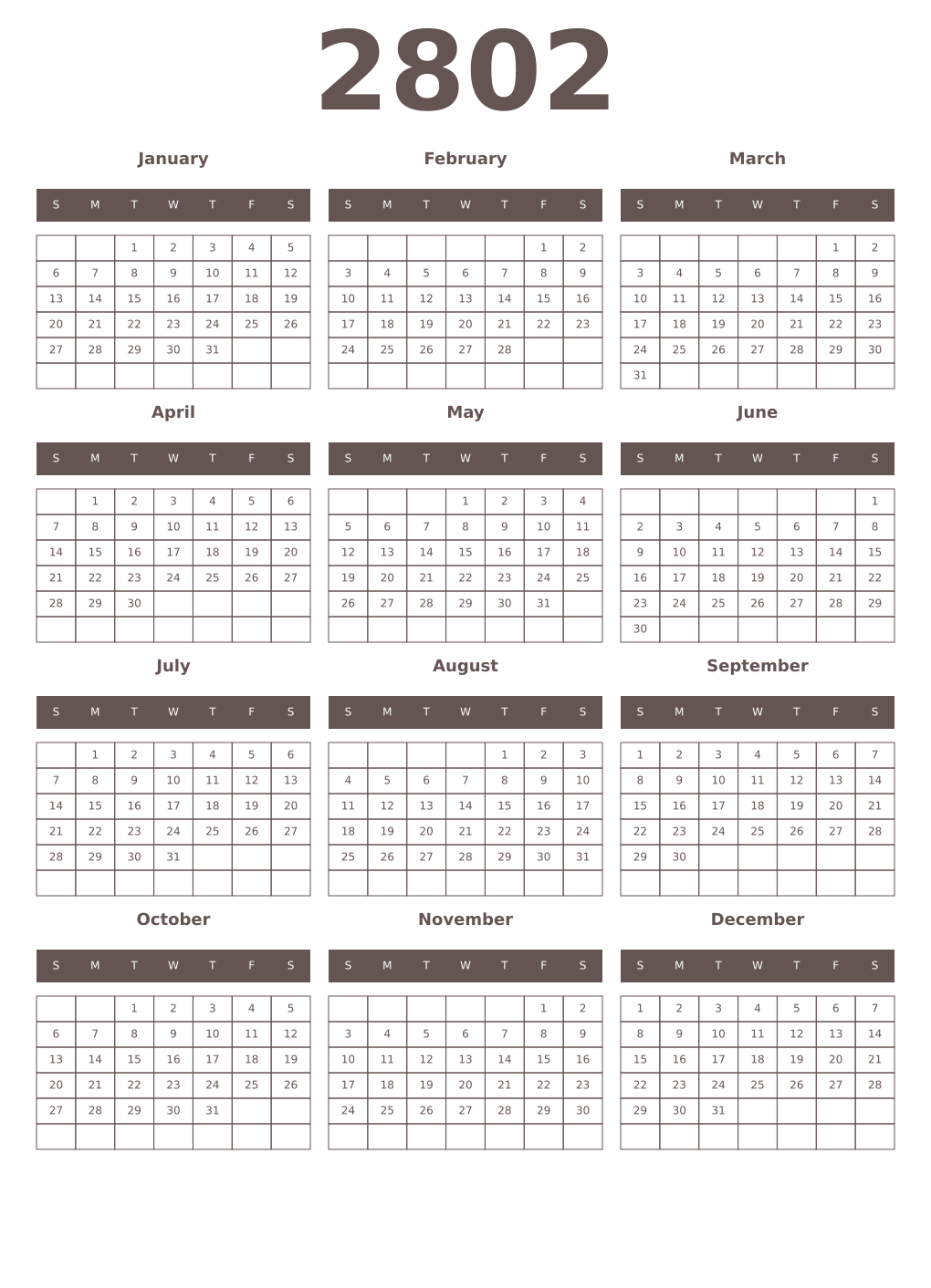 Printable 2802 Year Calendars wenge