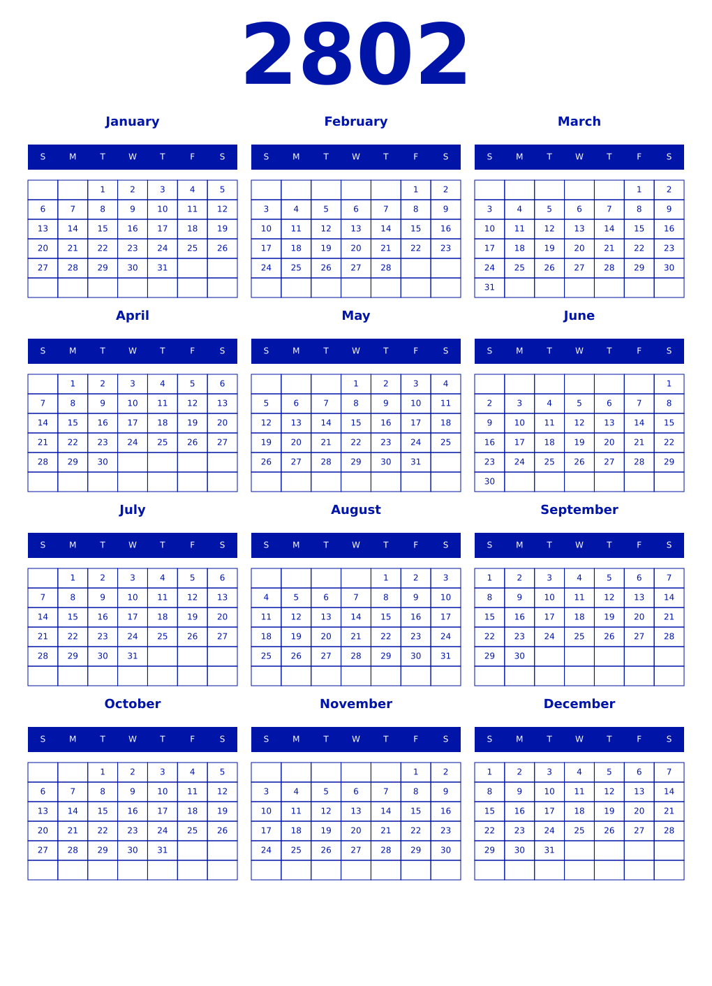 Printable 2802 Year Calendars zaffre