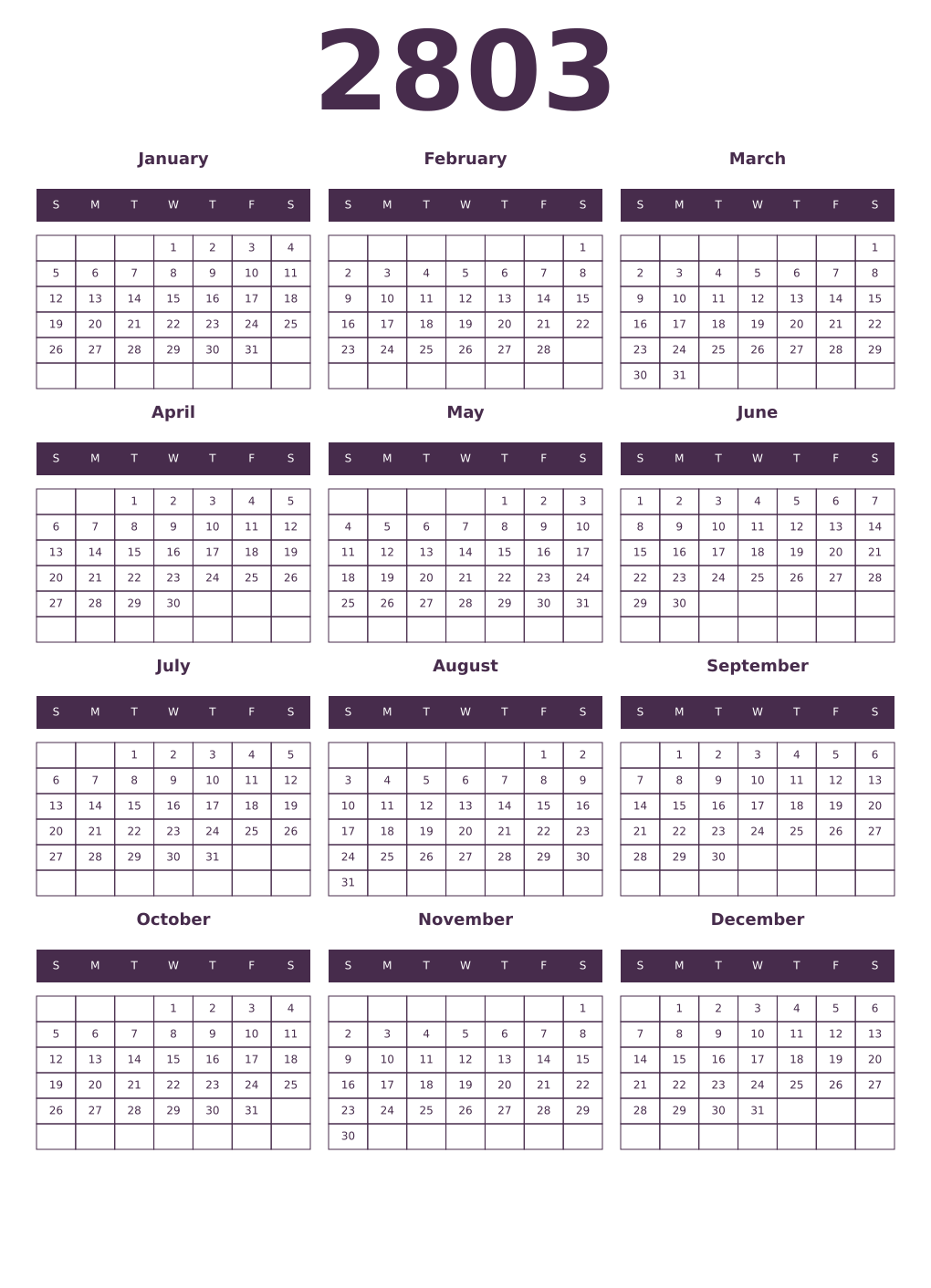 Printable 2803 Year Calendars aubergine