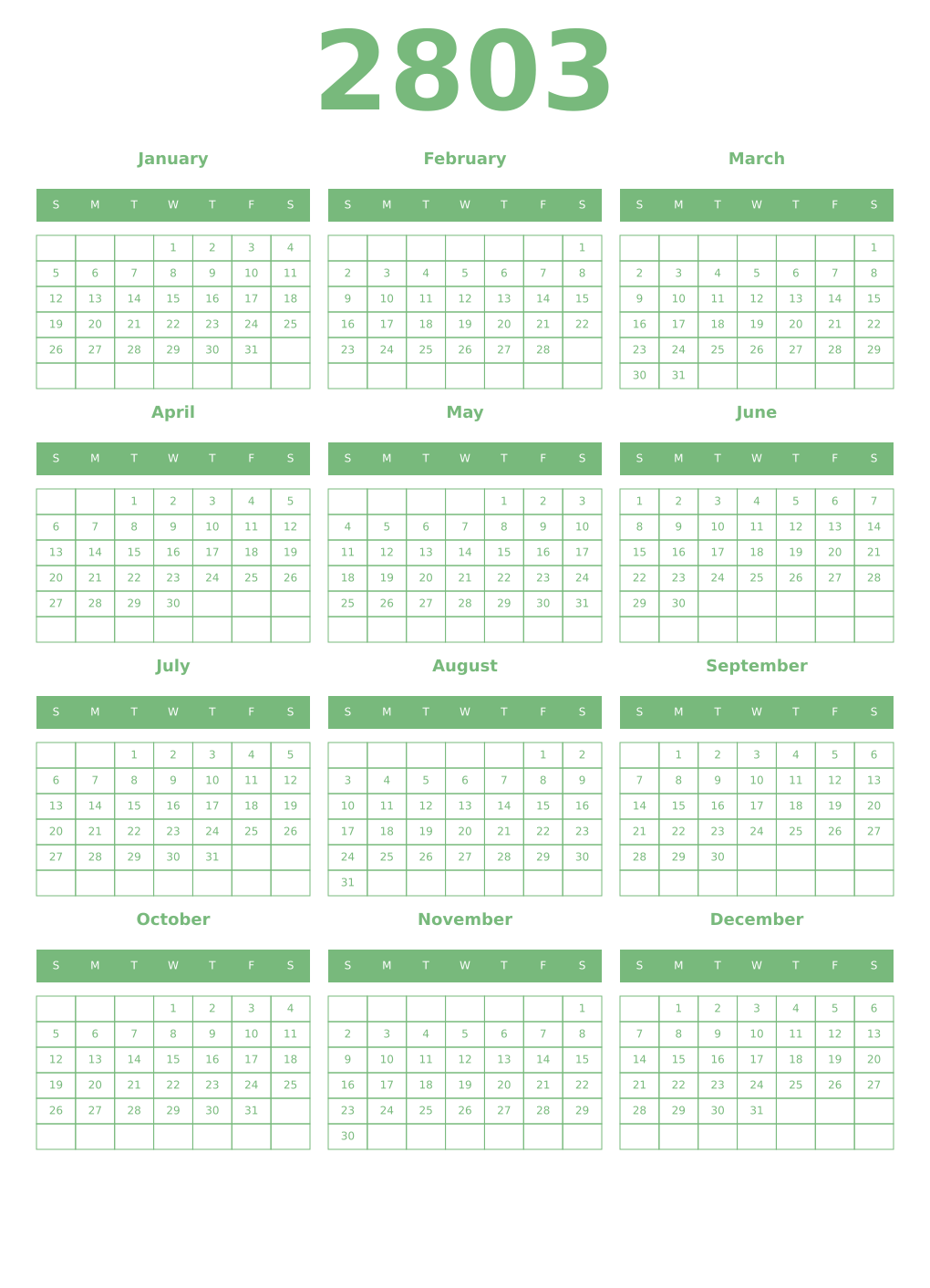 Printable 2803 Year Calendars celadon