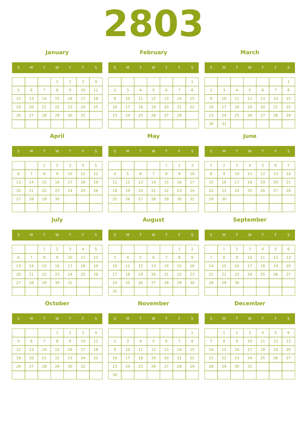 Printable 2803 Year Calendars chartreuse
