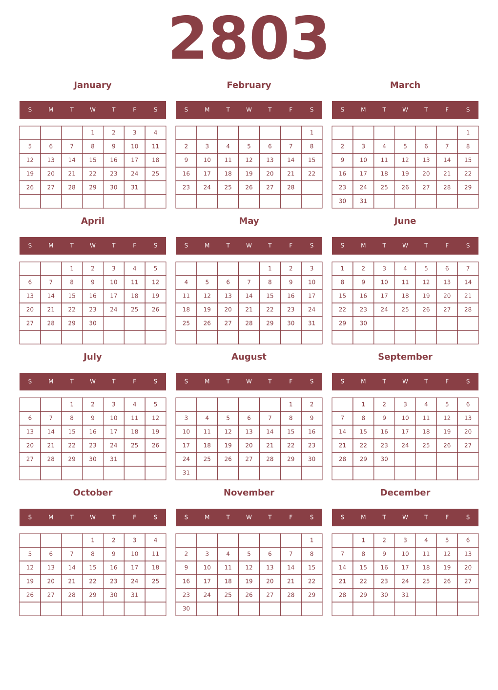 Printable 2803 Year Calendars cordovan