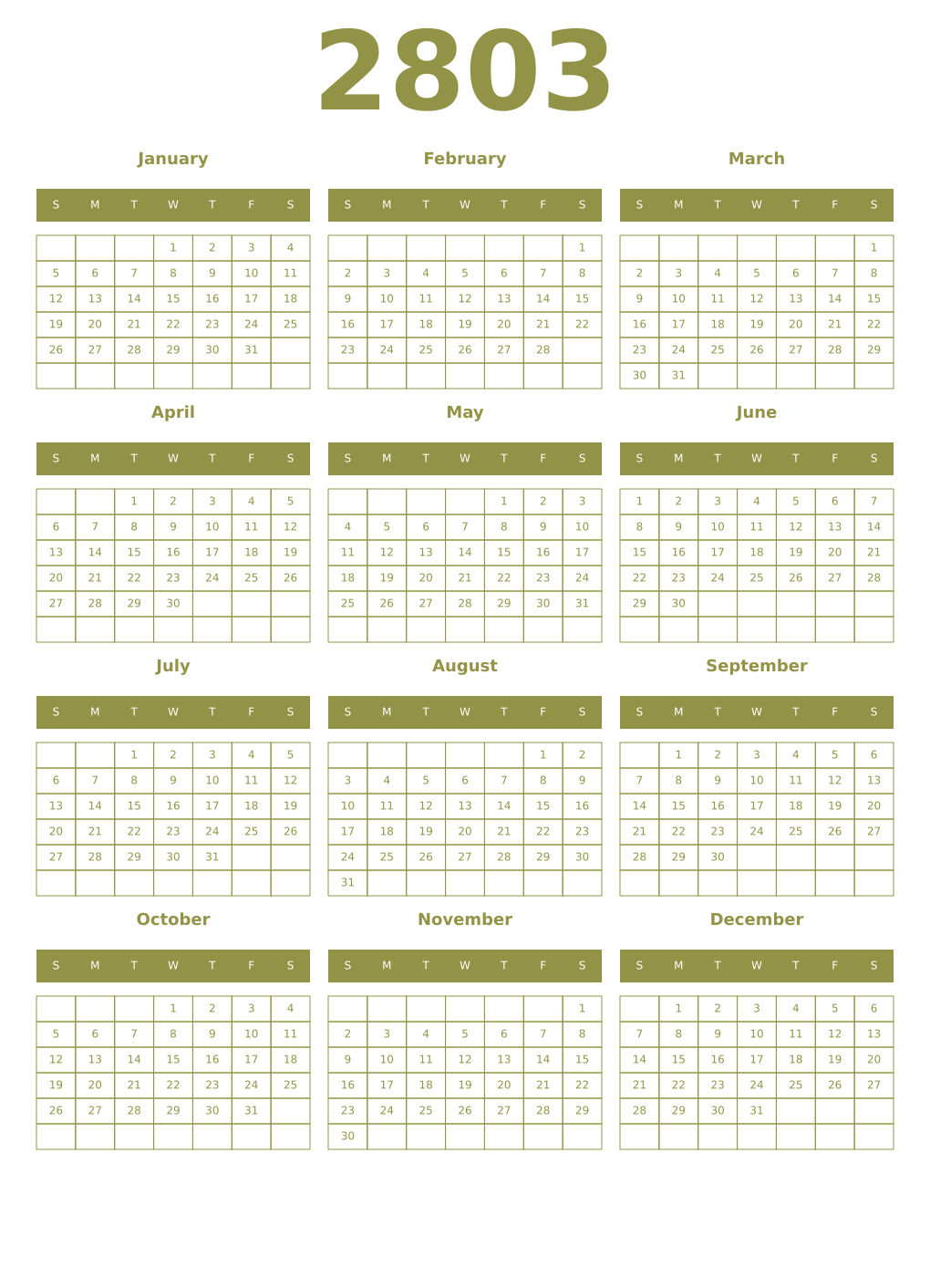 Printable 2803 Year Calendars eburnean